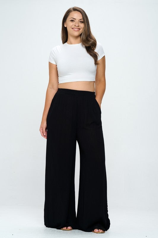 WASHED WOVEN WIDE LEG PANTS - 1X - 3X
