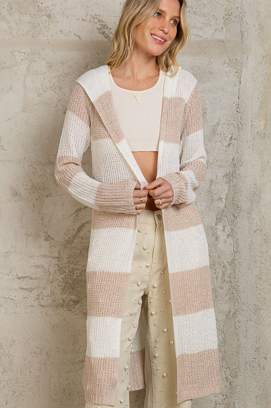 WIDE STRIPE LONG SLEEVE HOODED CARDIGAN - BY POL
