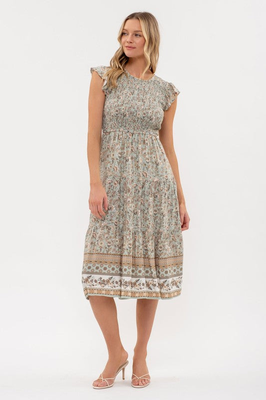 SMOCKED FLORAL BORDER PRINT MIDI DRESS - NEW COLOR