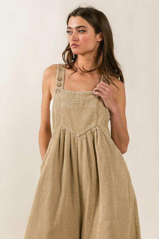 VINTAGE WASHED CORDUROY WIDE LEG OVERALLS