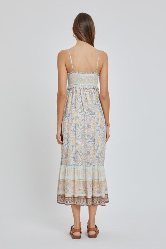 SMOCKED PRINT MAXI DRESS