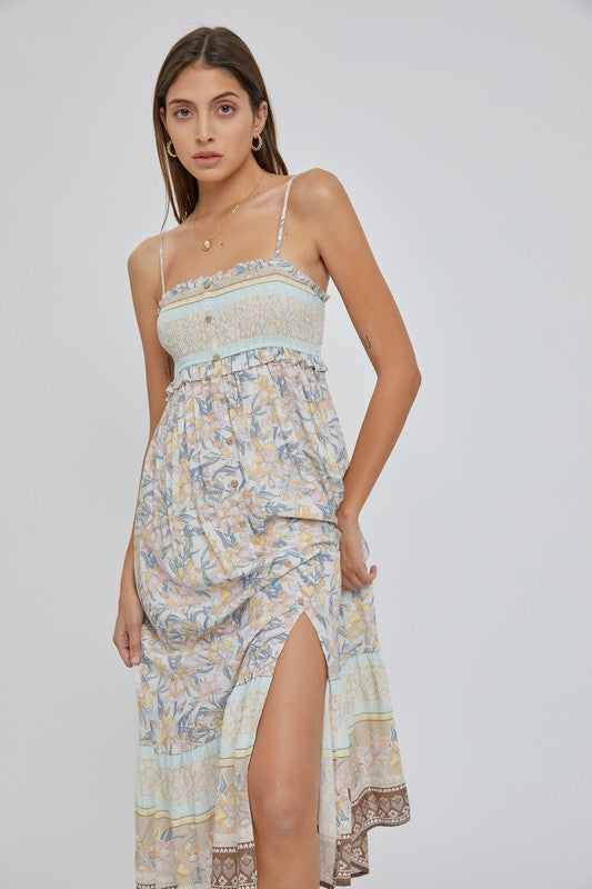 SMOCKED PRINT MAXI DRESS