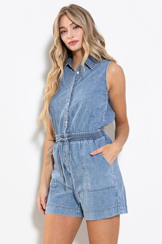 DENIM BUTTON UP SLEEVELESS ROMPER