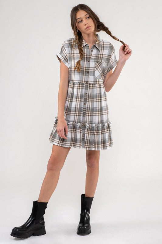 PLAID RUFFLE HEM SHIRT DRESS