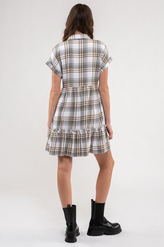 PLAID RUFFLE HEM SHIRT DRESS