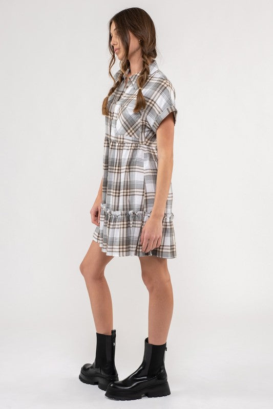 PLAID RUFFLE HEM SHIRT DRESS