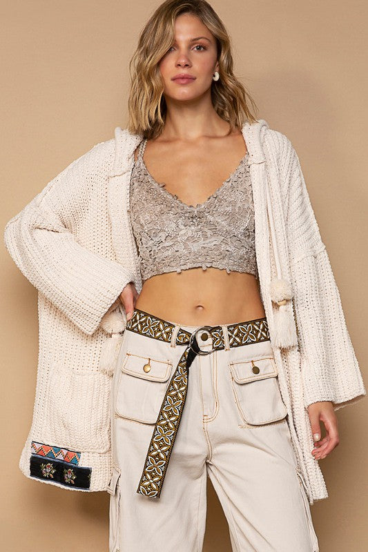 TASSLE DRAWSTING HOODED PATCH CARDIGAN BY POL
