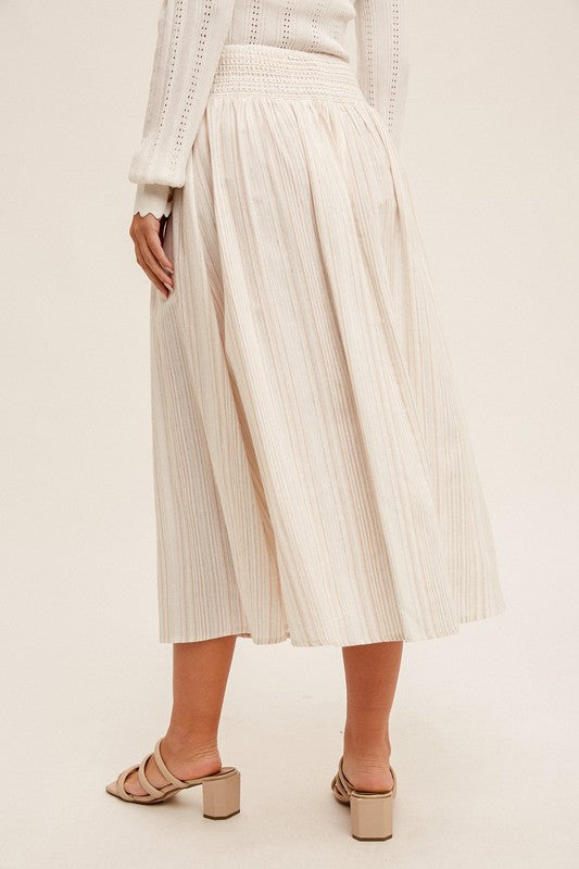 PREMIUM LINE | BUTTON FRONT SMOCKED BACK MULTI STRIPED MIDI SKIRT