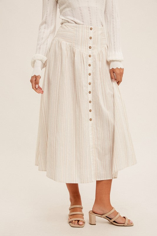 PREMIUM LINE | BUTTON FRONT SMOCKED BACK MULTI STRIPED MIDI SKIRT