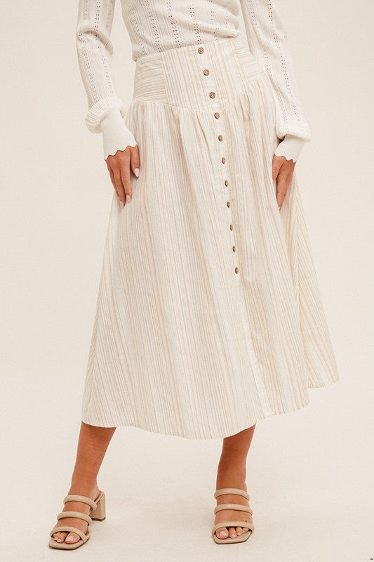 PREMIUM LINE | BUTTON FRONT SMOCKED BACK MULTI STRIPED MIDI SKIRT