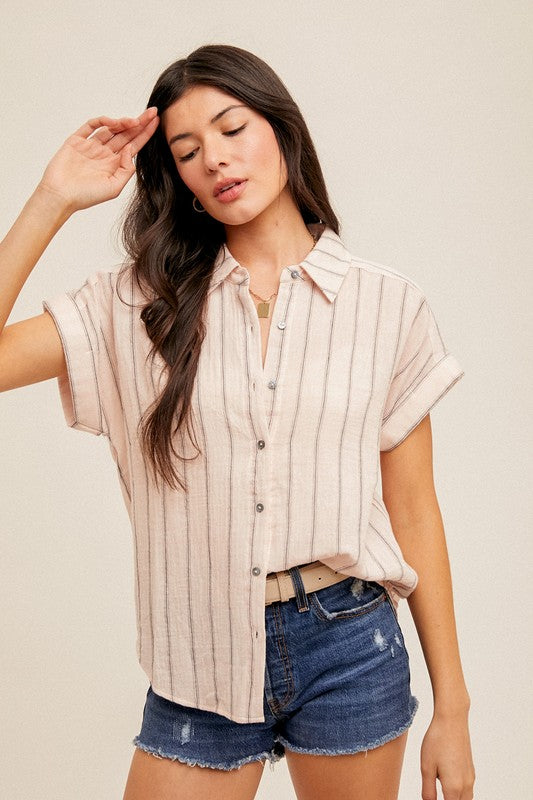 PREMIUM LINE | STRIPE SHORT SLEEVE BUTTON DOWN SHIRT