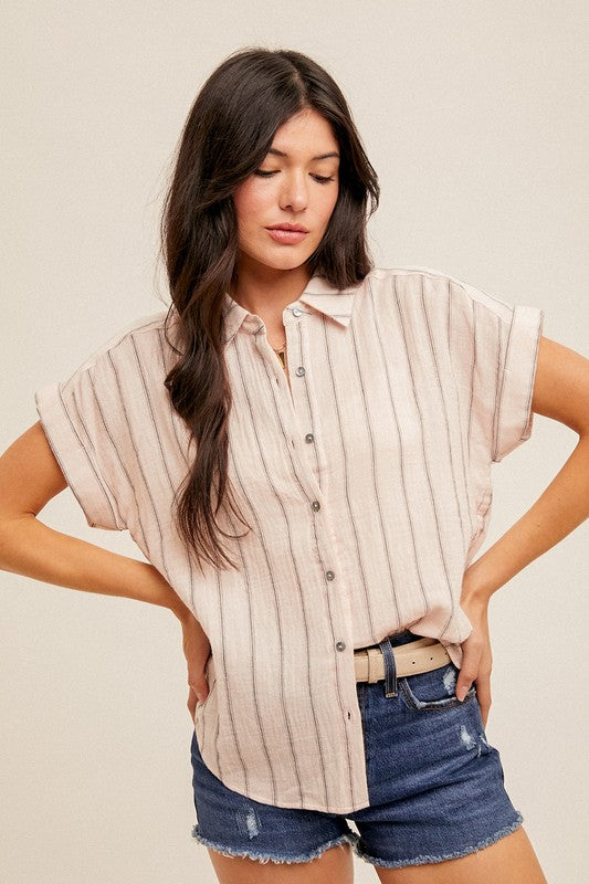 PREMIUM LINE | STRIPE SHORT SLEEVE BUTTON DOWN SHIRT