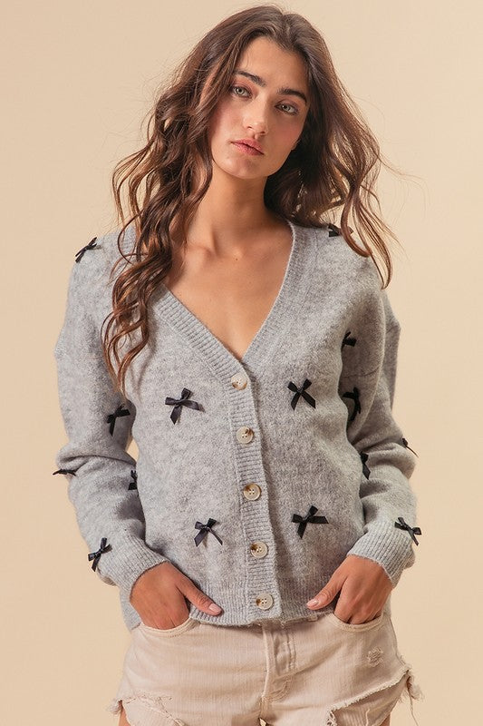 RIBBON BOW DETAILS V-NECK SWEATER CARDIGAN