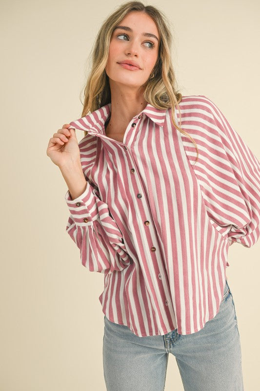STRIPED BUTTON DOWN BATWING SLEEVE TOP