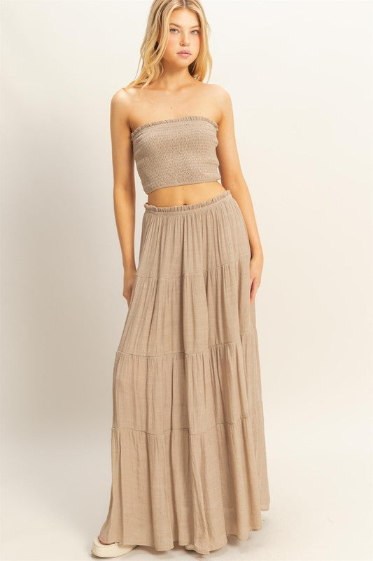 SMOCKED STRAPLESS TOP AND SKIRT SET | 3 RESTOCKED