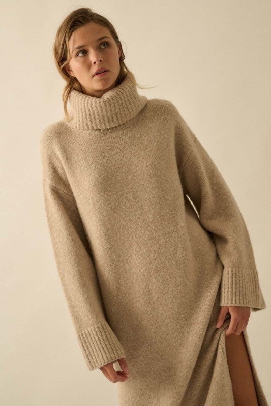 COWL NECK MIDI SWEATER DRESS
