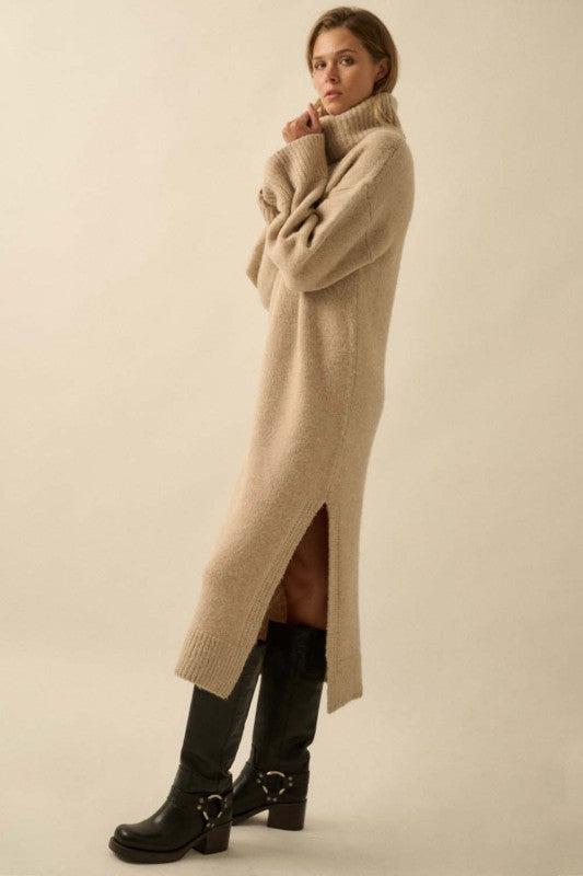 COWL NECK MIDI SWEATER DRESS