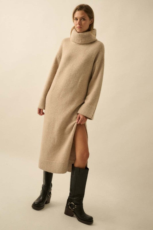 COWL NECK MIDI SWEATER DRESS