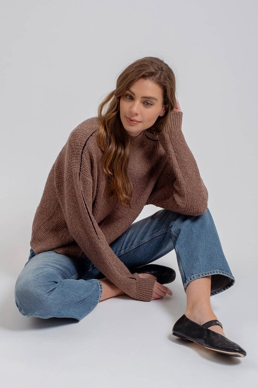 MOCK NECK CONTRAST SEAM KNIT PULLOVER