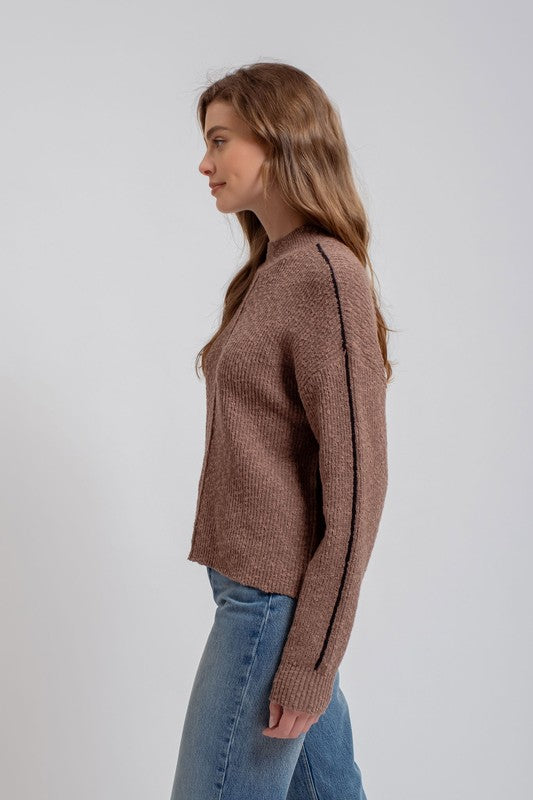 MOCK NECK CONTRAST SEAM KNIT PULLOVER