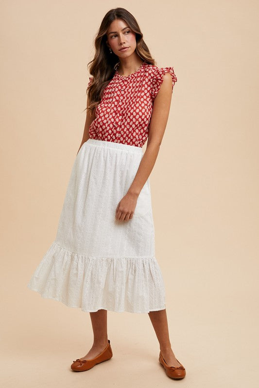 EYELET RUFFLE MIDI SKIRT