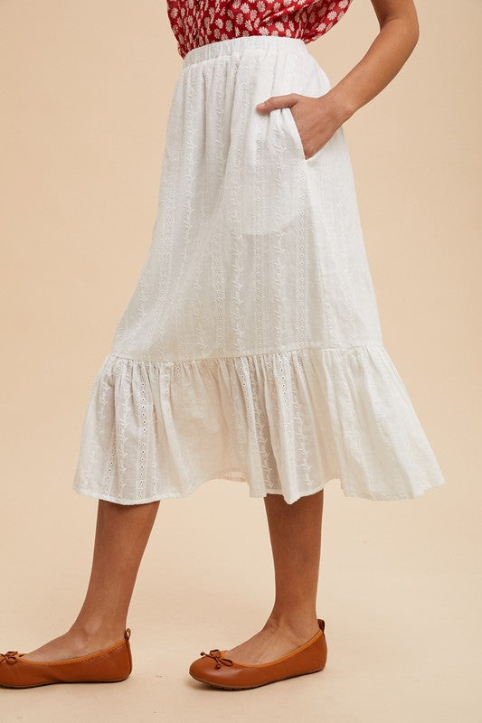 EYELET RUFFLE MIDI SKIRT