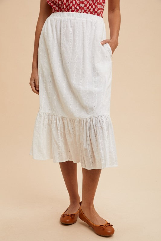 EYELET RUFFLE MIDI SKIRT