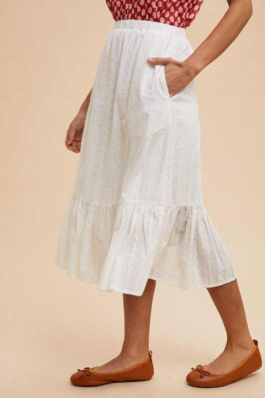 EYELET RUFFLE MIDI SKIRT