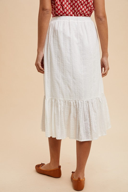 EYELET RUFFLE MIDI SKIRT