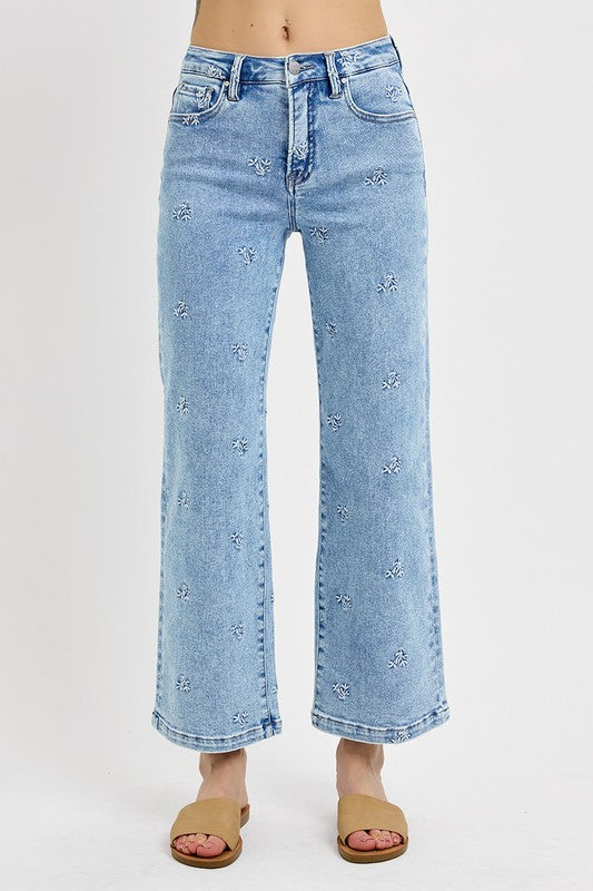 BY RISEN | HIGH RISE CROP EMBROIDERED JEANS
