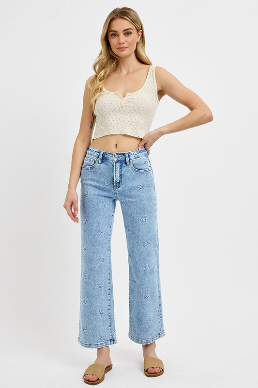 BY RISEN | HIGH RISE CROP EMBROIDERED JEANS