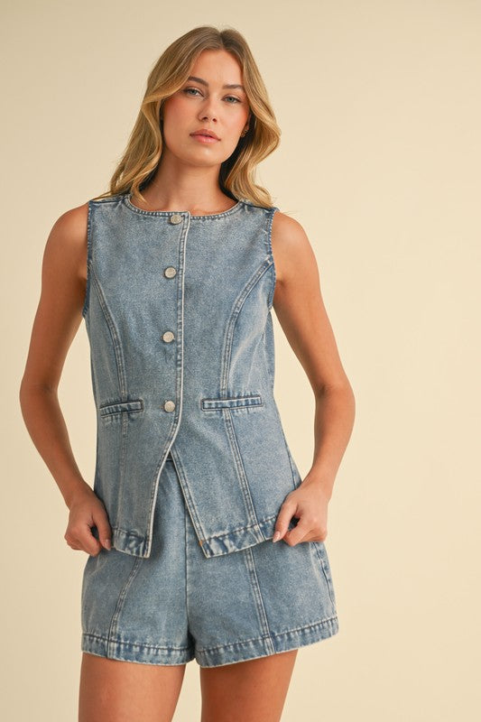 DENIM VEST TOP AND SHORTS SET