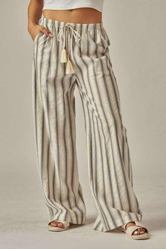 STRIPED COTTON WIDE LEG PANTS