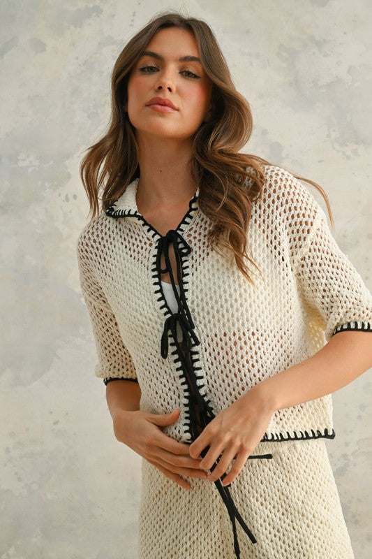 MIOU MUSE | CROCHET KNITTED TIE FRONT TOP AND SHORT SET