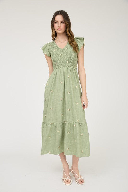 EMBROIDERED FLOWER MIDI DRESS