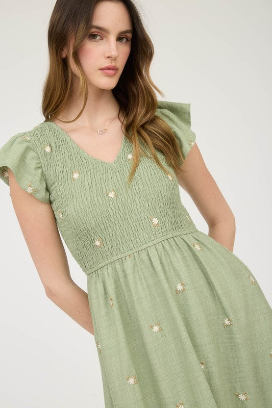 EMBROIDERED FLOWER MIDI DRESS