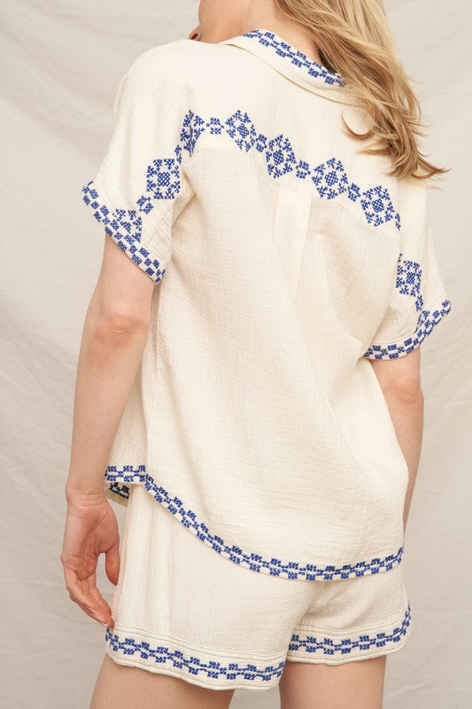 EMBROIDERED TRIM BUTTON DOWN SHIRT