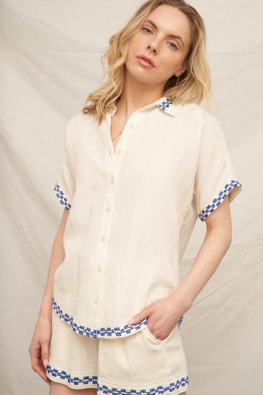 EMBROIDERED TRIM BUTTON DOWN SHIRT