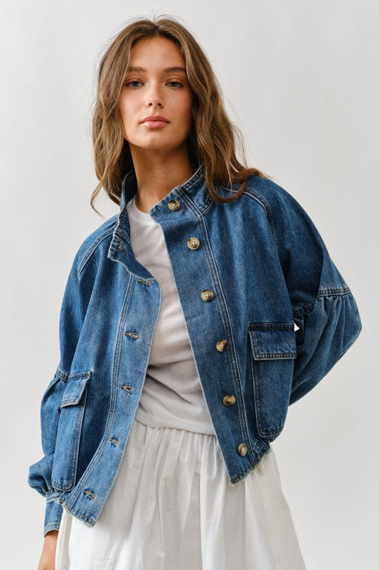 Ballon Sleeve Twill Jacket Drawsting Waist