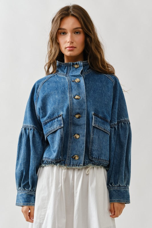 Ballon Sleeve Twill Jacket Drawsting Waist
