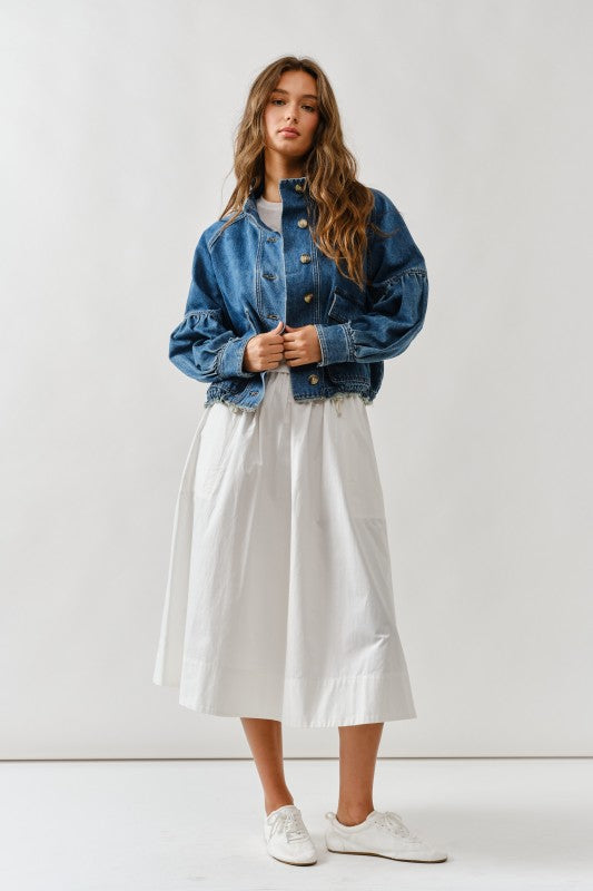 Ballon Sleeve Twill Jacket Drawsting Waist