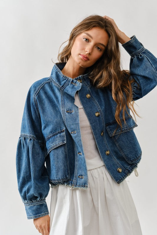 Ballon Sleeve Twill Jacket Drawsting Waist