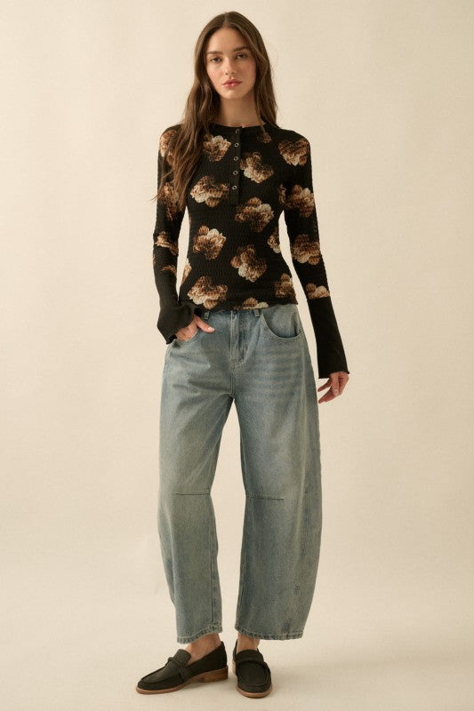 FLORAL HONEYCOMB MESH HENLEY TOP