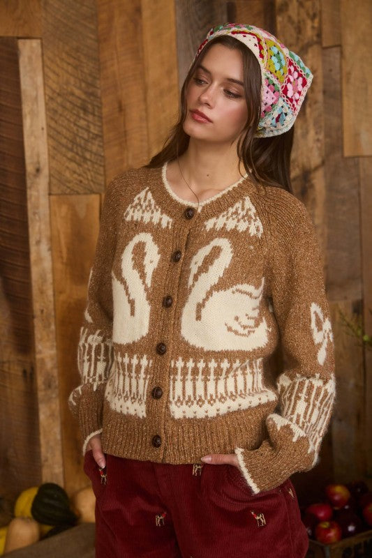 SWAN JACQUARD BUTTON DOWN CARDIGAN