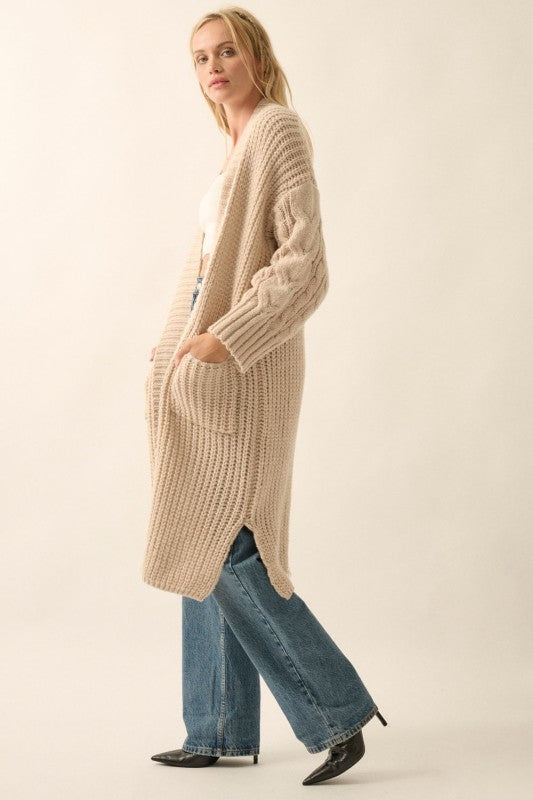 PREMIUM LINE | RIB KNIT OPEN FRONT CABLE KNIT CARDIGAN | NEW COLOR