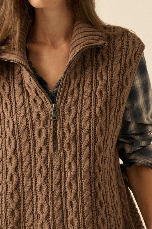 CABLE KNIT RELAXED FIT HALF ZIP SWEATER VEST | ESPRESSO