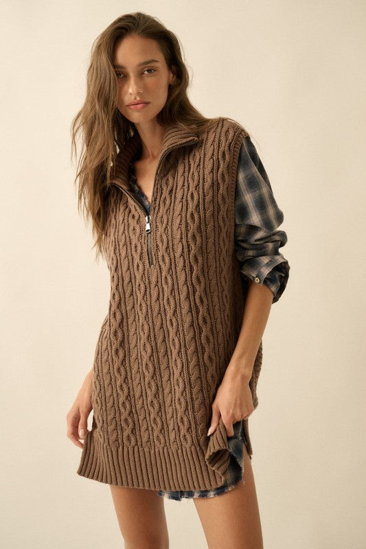 CABLE KNIT RELAXED FIT HALF ZIP SWEATER VEST | ESPRESSO
