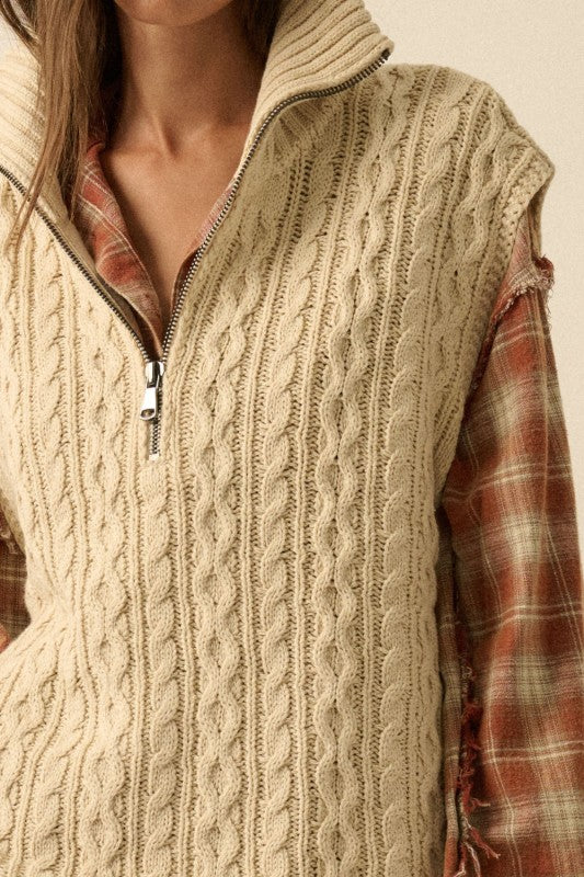 CABLE KNIT RELAXED FIT HALF ZIP SWEATER VEST | CREAM