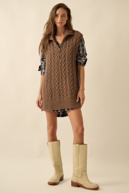 CABLE KNIT RELAXED FIT HALF ZIP SWEATER VEST | ESPRESSO