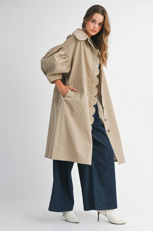 SCALLOP DETAILED BALLOON SLEEVE TRENCH COAT